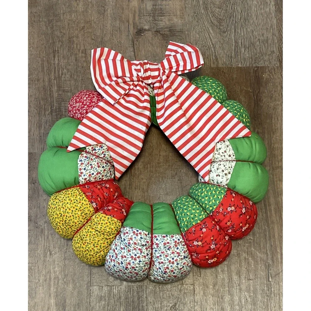 VTG Handmade Christmas Wreath & Tree Holiday Print Cottage Core Quilted Stuffed